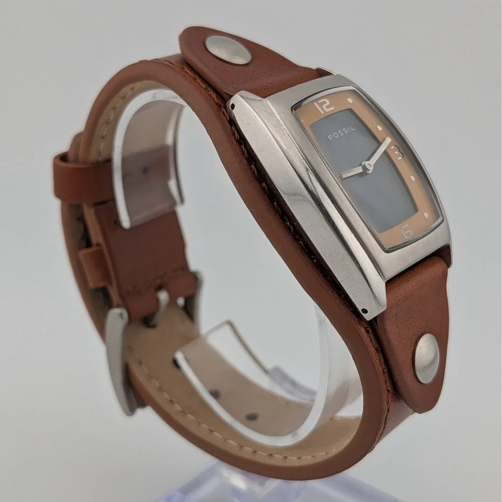 Fossil JR-8185 Y2K Flip Dial Unisex Cuff Watch Tan Leather Retro Futuristic 30mm
